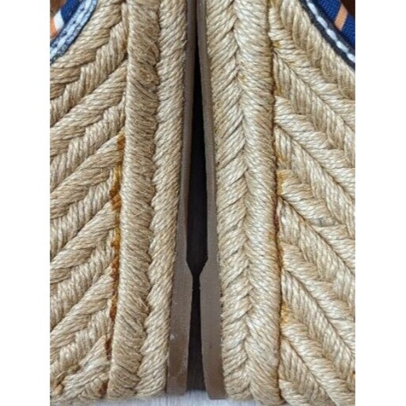 TORY BURCH Orange Blue Canvas Leather Espadrille Criss Cross Strappy Wedge Heels - Picture 10 of 12